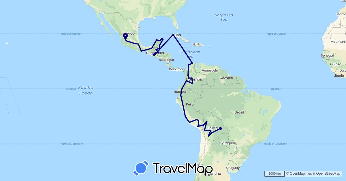 TravelMap itinerary: driving in Bolivia, Belize, Colombia, Cuba, Ecuador, Guatemala, Mexico, Peru (North America, South America)
